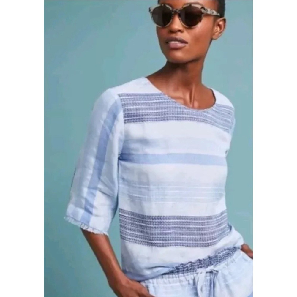 Anthropologie Cloth&Stone Blue Stripe Linen Blend Tie back Top S/Small‎ Striped